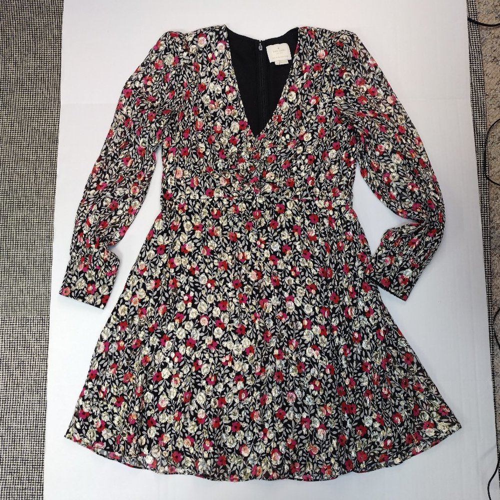 kate spade Black Floral Long Sleeve V‑Neck Dress with Pink and Cream Flowers